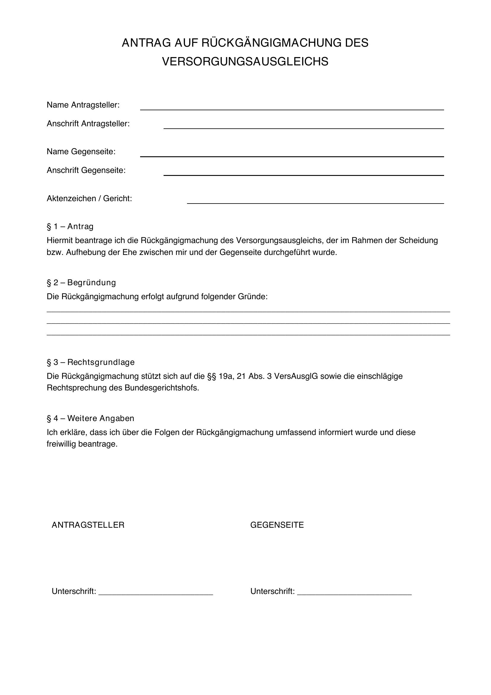 Antrag Auf Rückgängigmachung Des Versorgungsausgleichs Muster