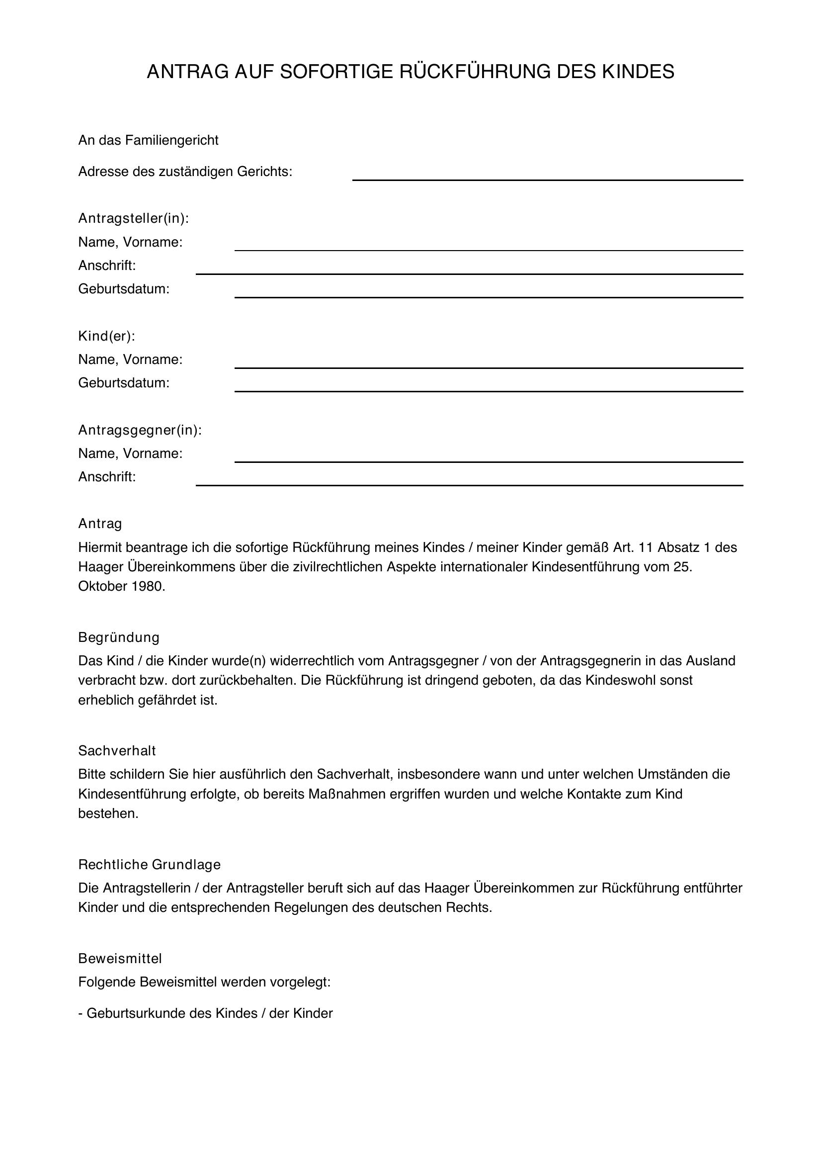 Antrag Auf Sofortige Rückführung Des Kindes