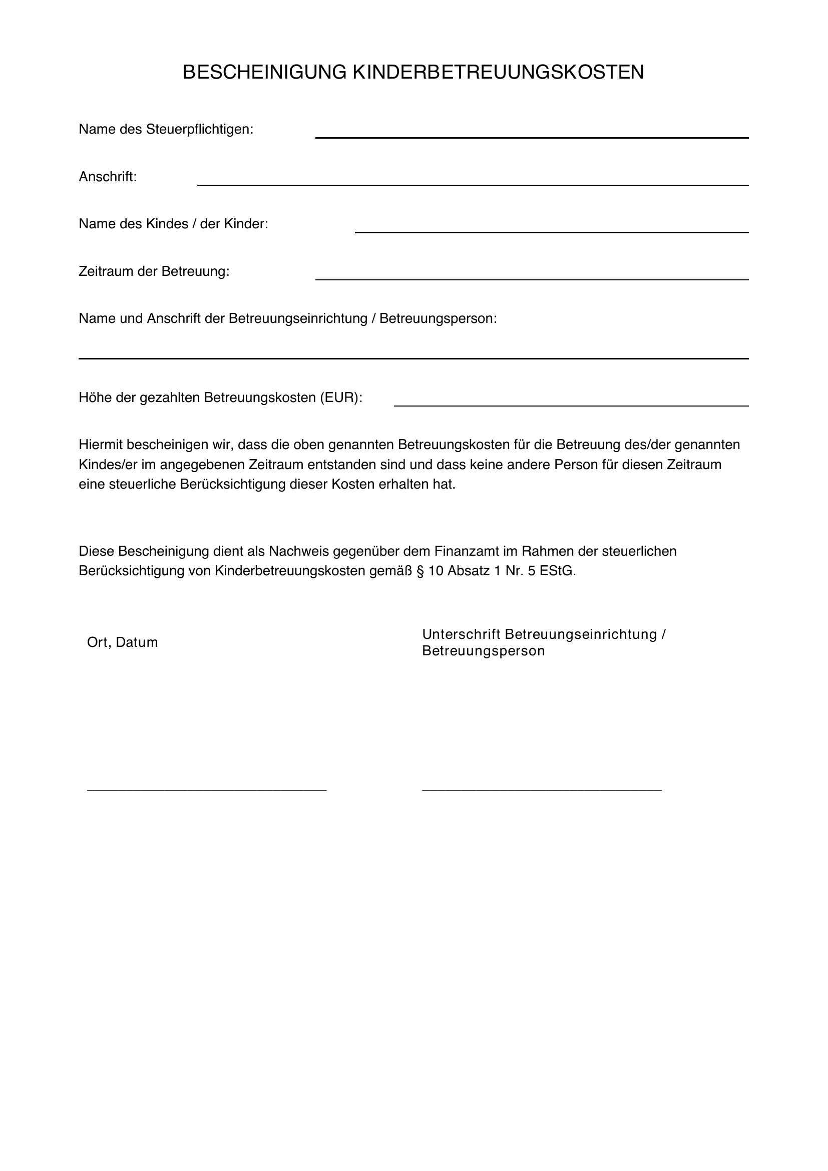 Bescheinigung Kinderbetreuungskosten Vorlage