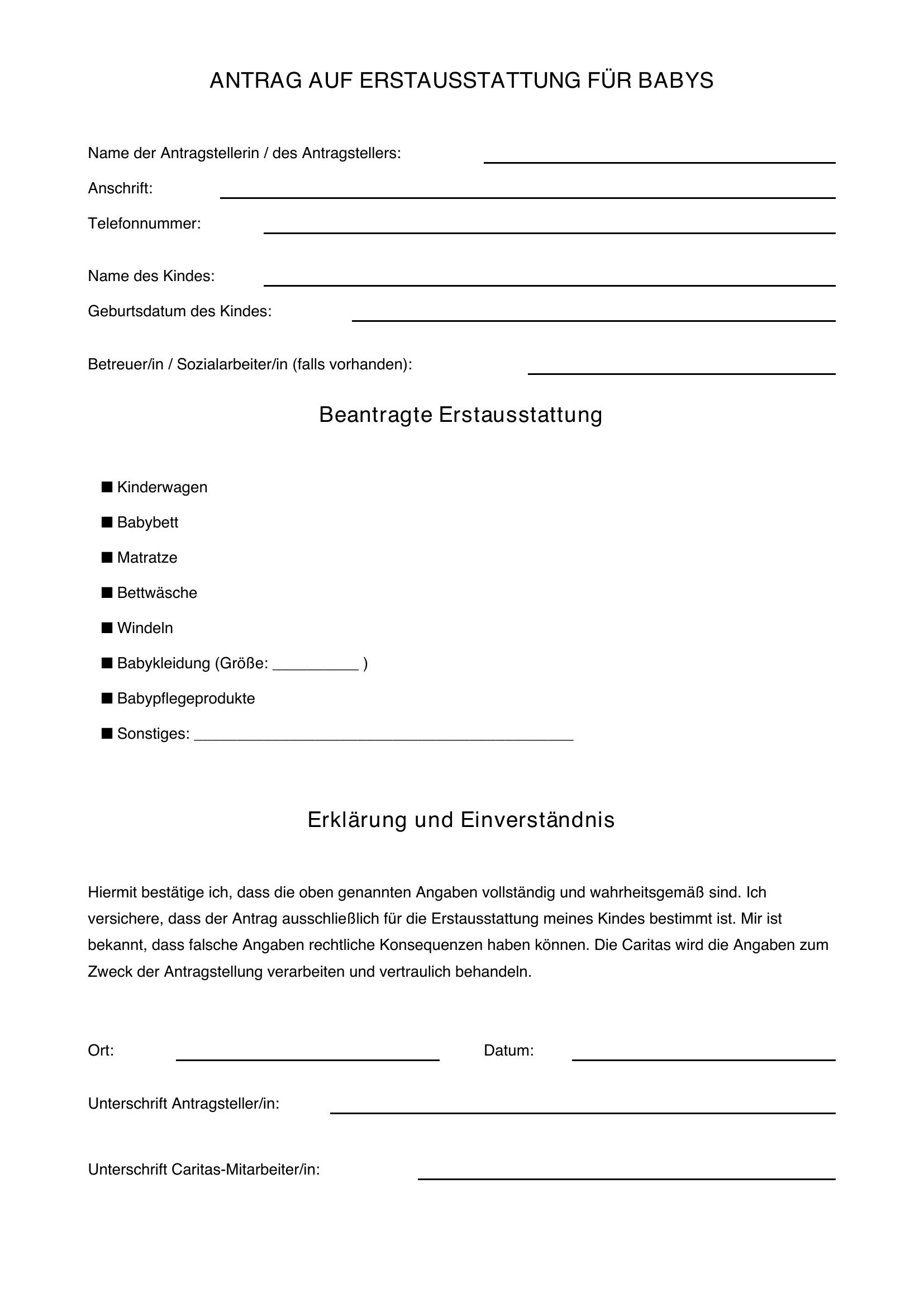 Caritas Erstausstattung Baby Antrag Formular