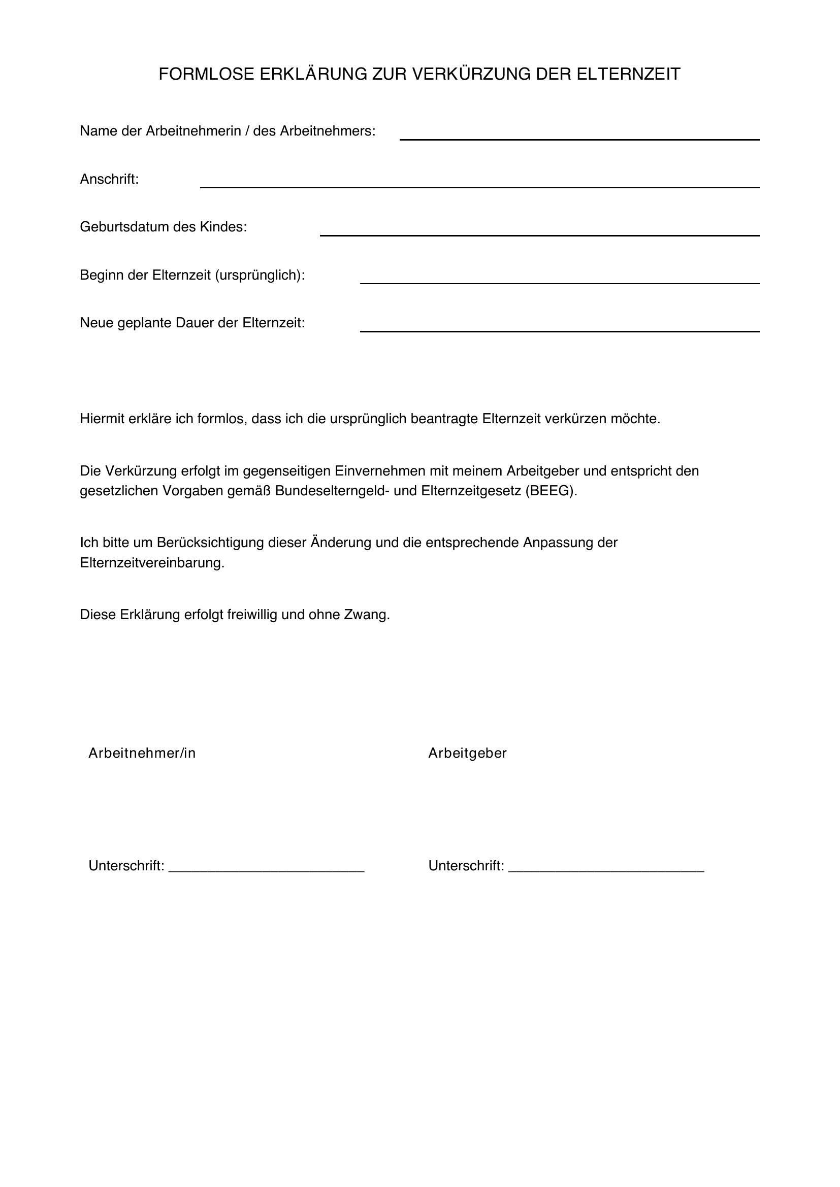 Elternzeit Verkürzen Formloses Schreiben Muster