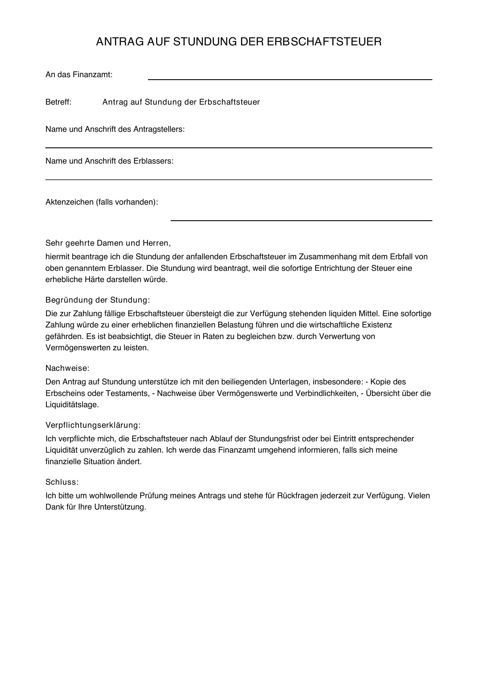 Erbschaftssteuer Stundung Musterbrief