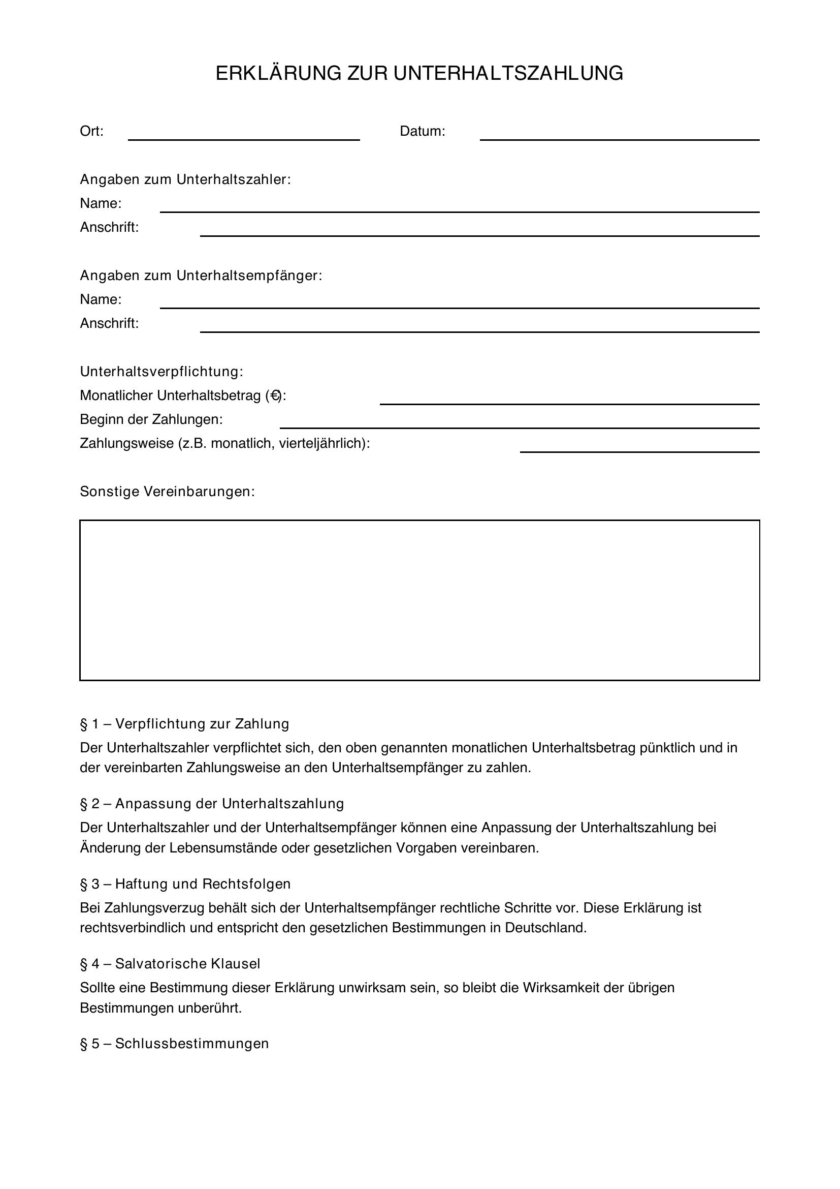 Erklärung Unterhaltszahlung Muster