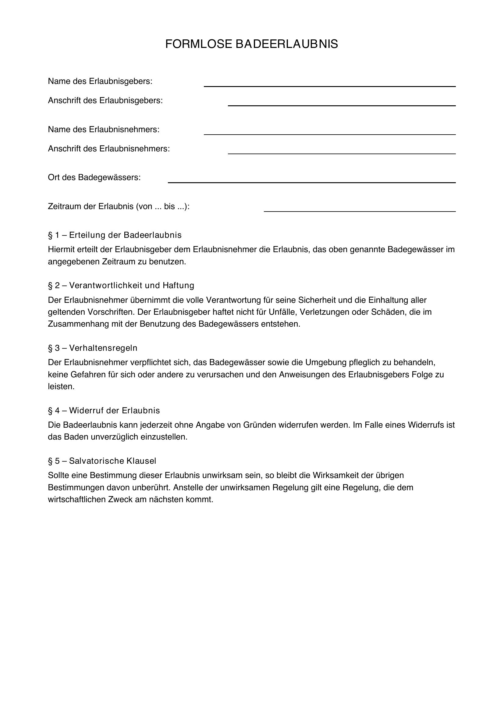 Formlose Badeerlaubnis