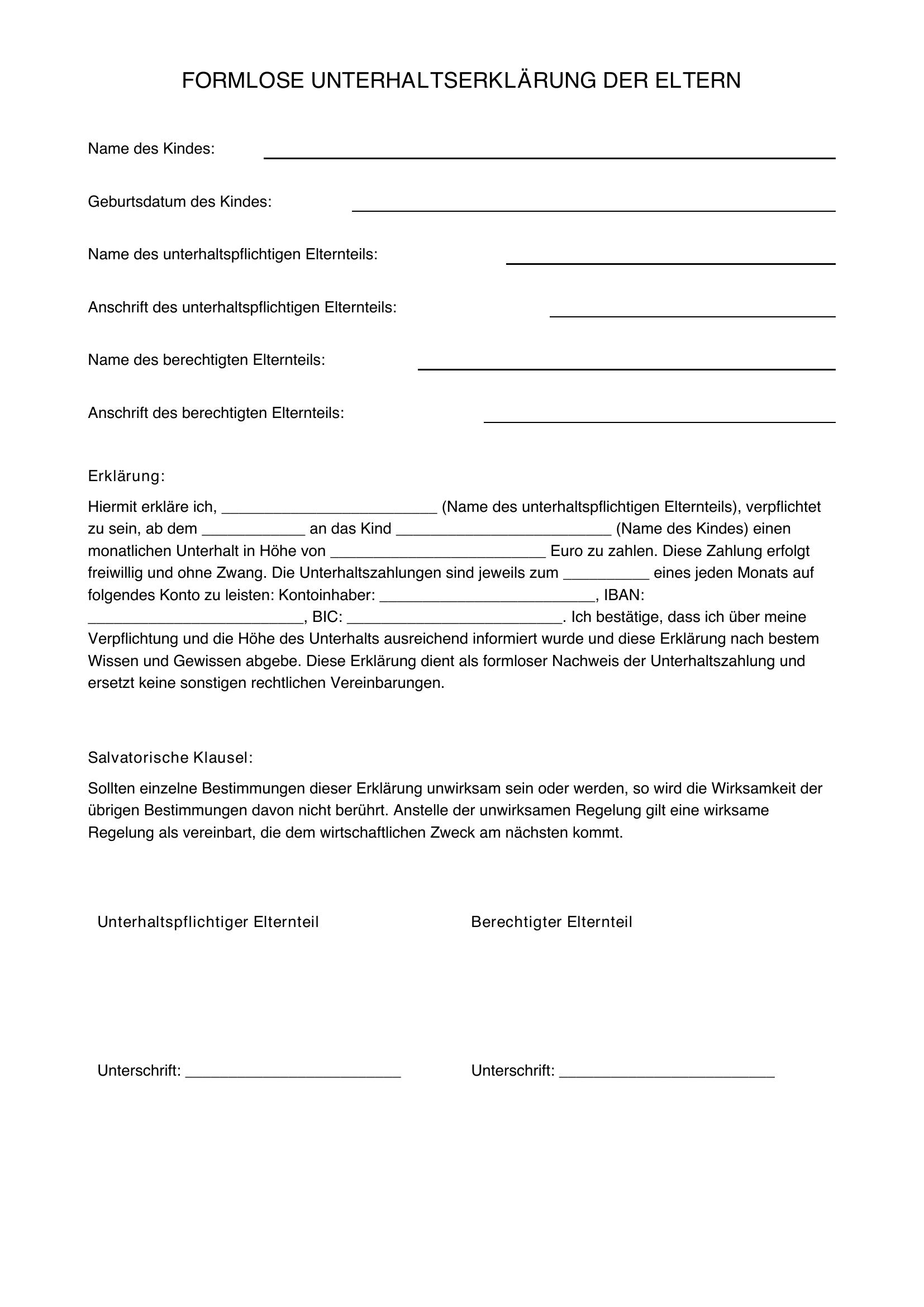 Formlose Unterhaltserklärung Der Eltern Muster