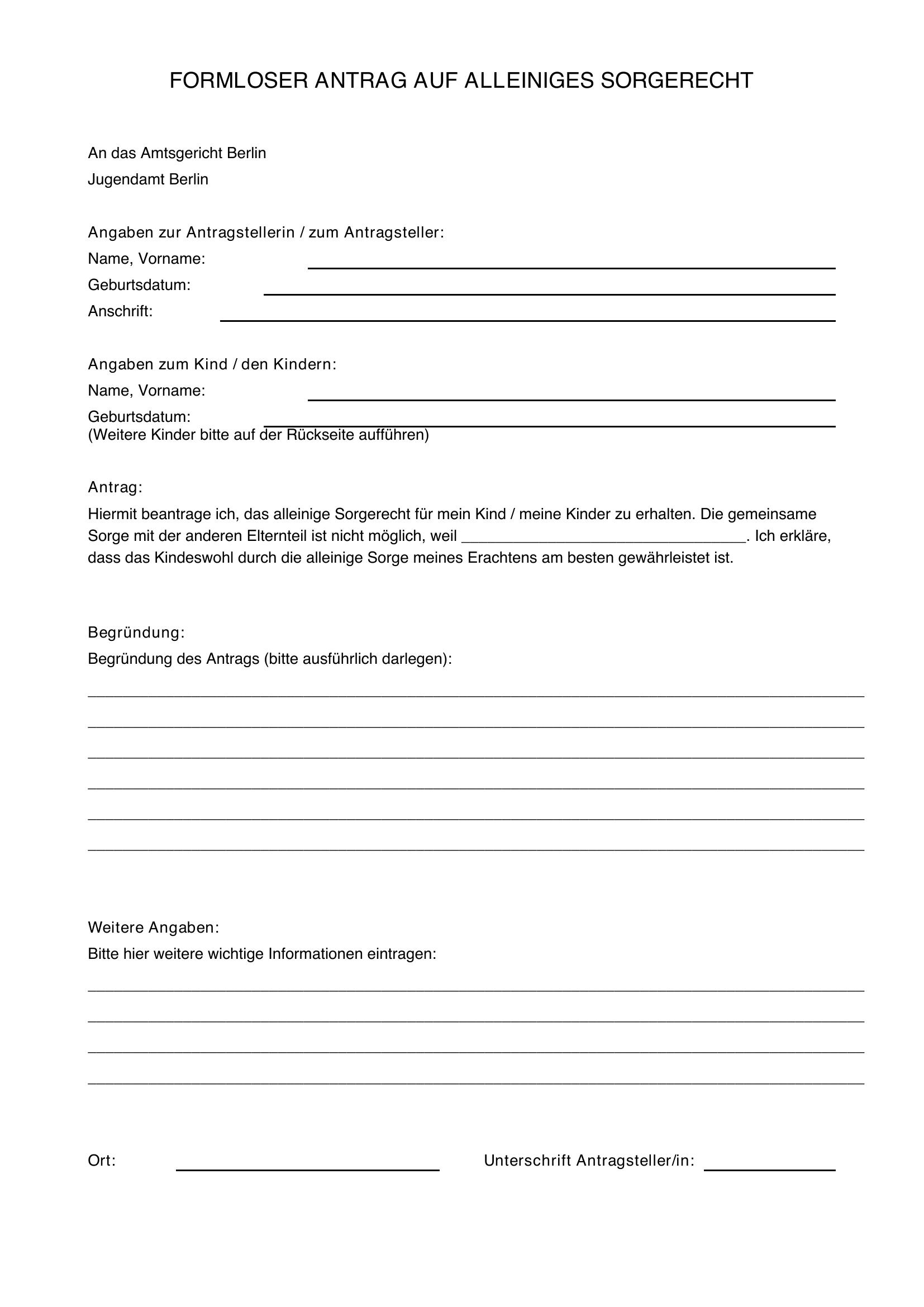 Formloser Antrag Alleiniges Sorgerecht Berlin