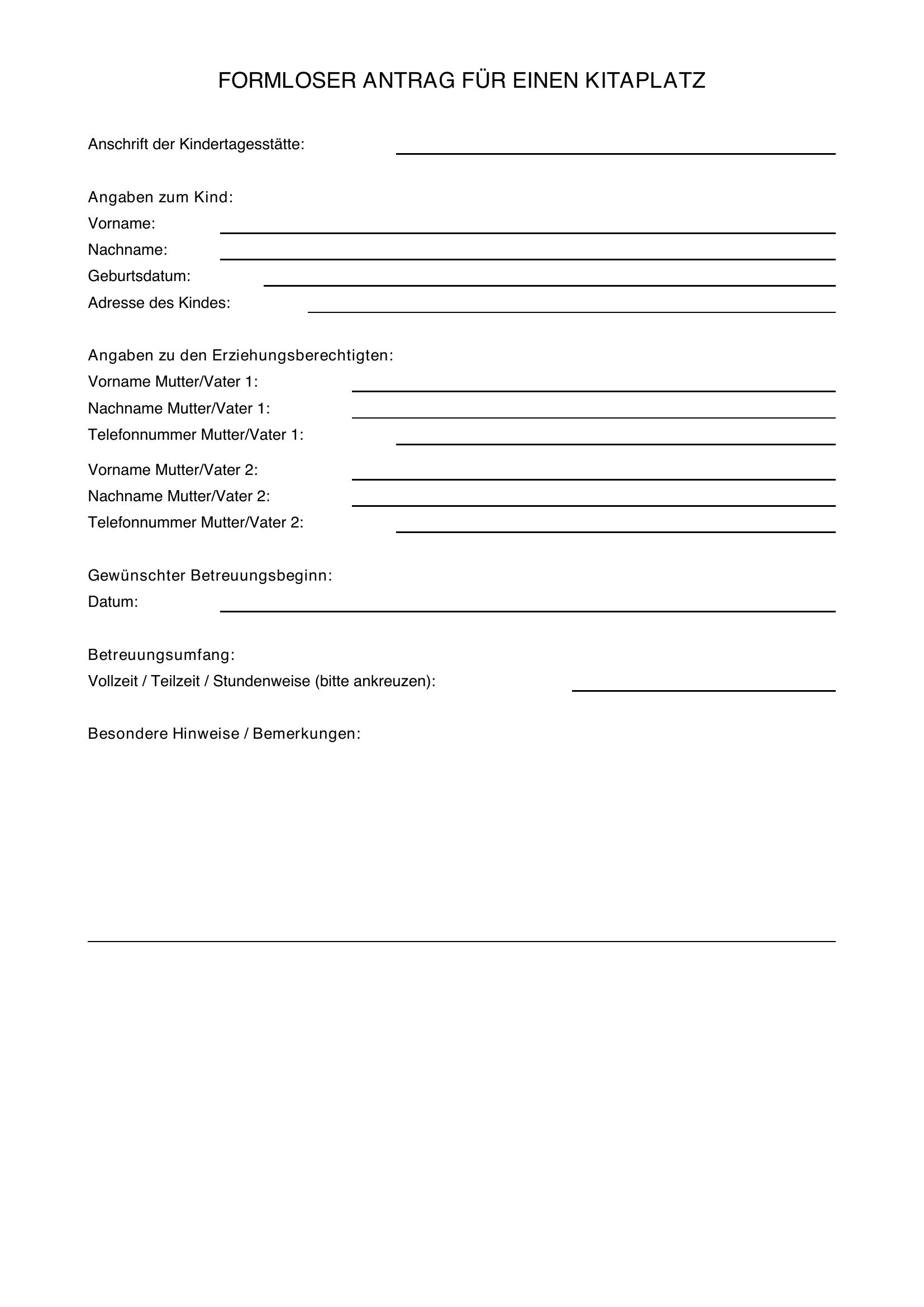 Formloser Antrag Für Kitaplatz Muster