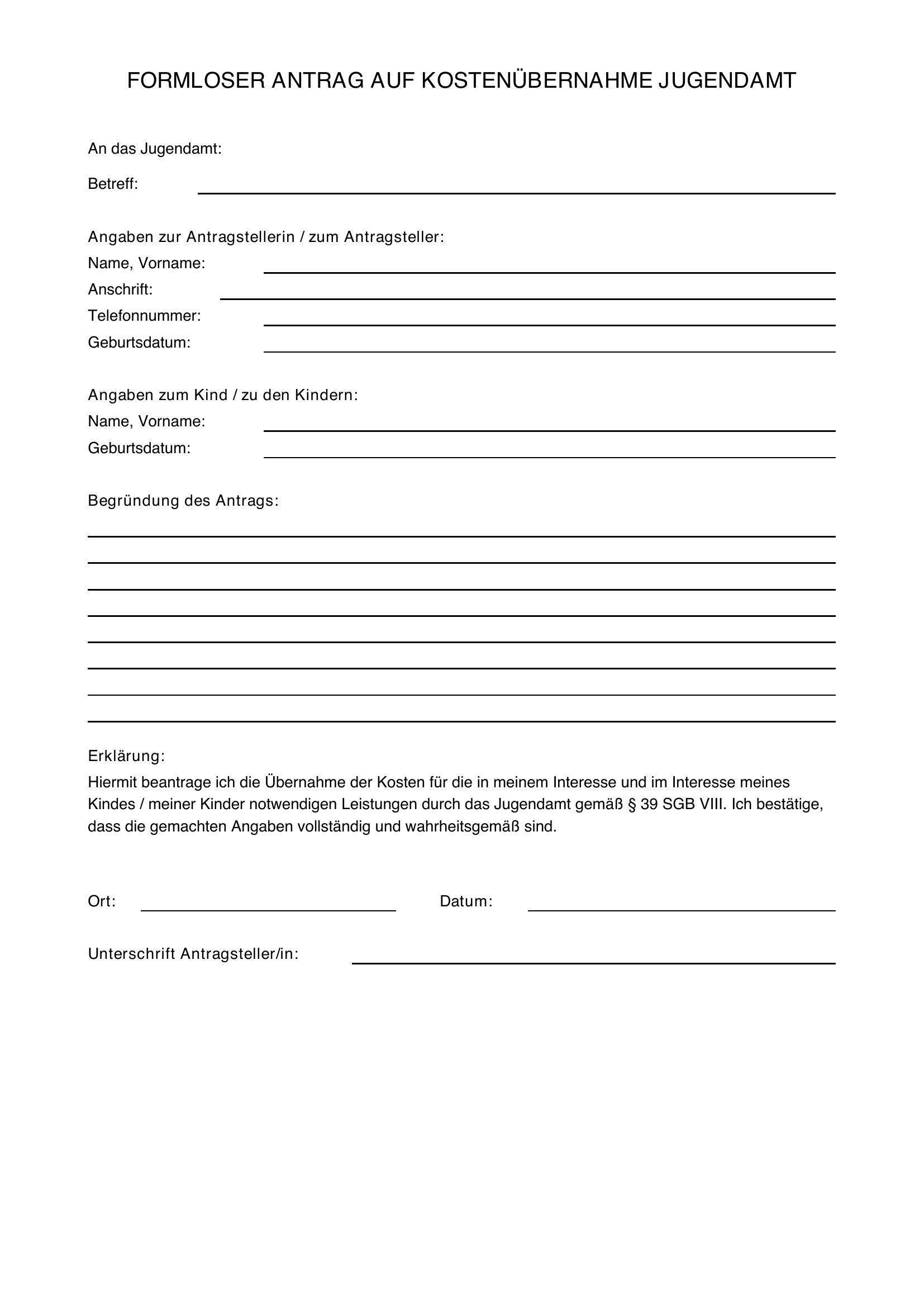 Formloser Antrag Kostenübernahme Jugendamt
