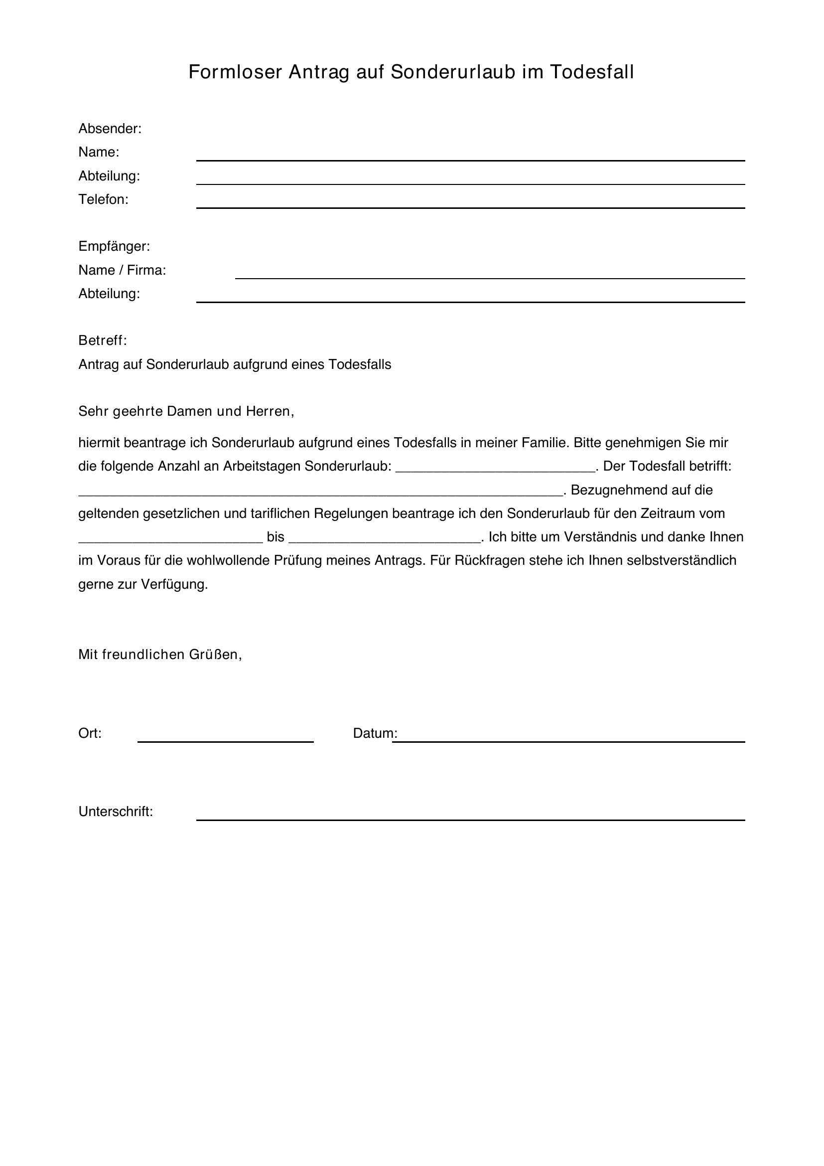 Formloser Antrag Sonderurlaub Todesfall