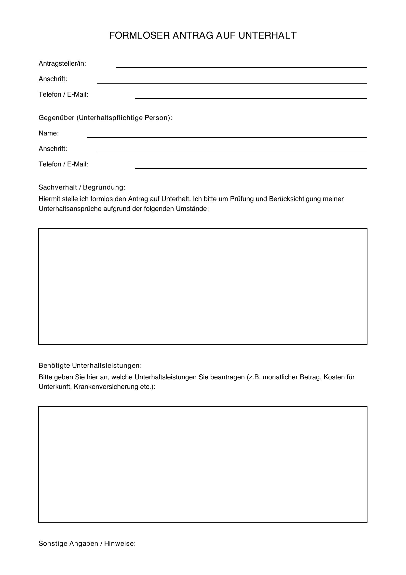 Formloser Antrag Unterhalt