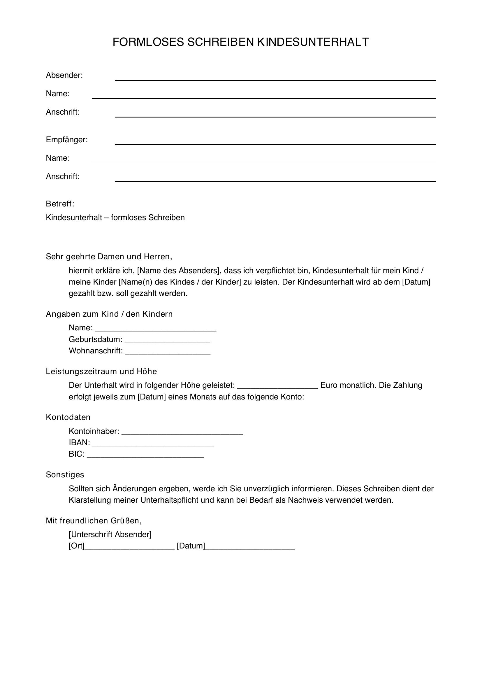 Formloses Schreiben Kindesunterhalt