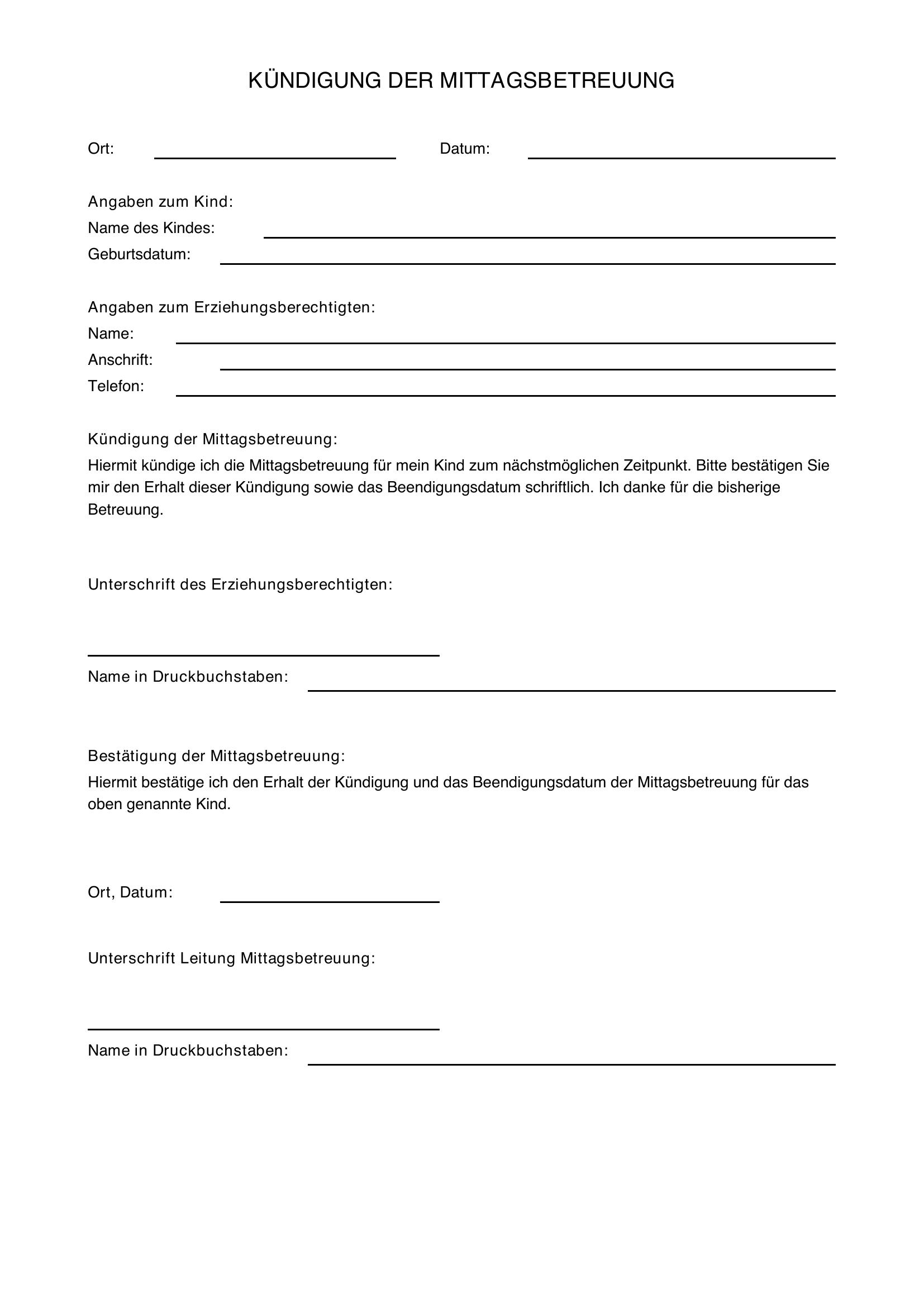 Mittagsbetreuung Kündigen