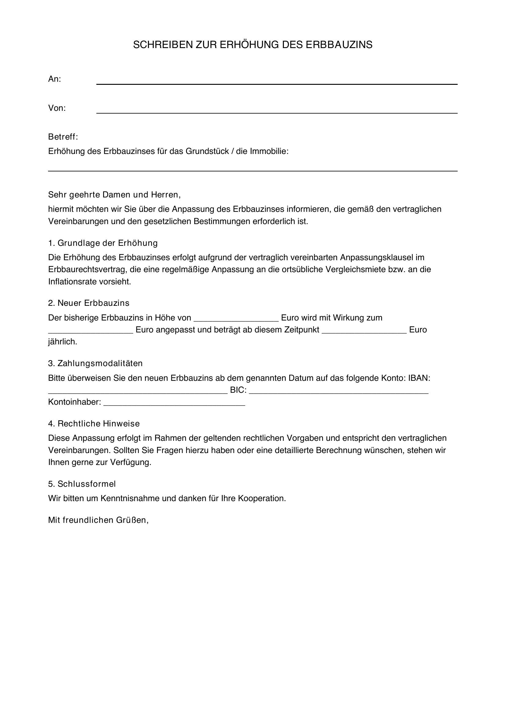 Musterschreiben Erhöhung Erbbauzins