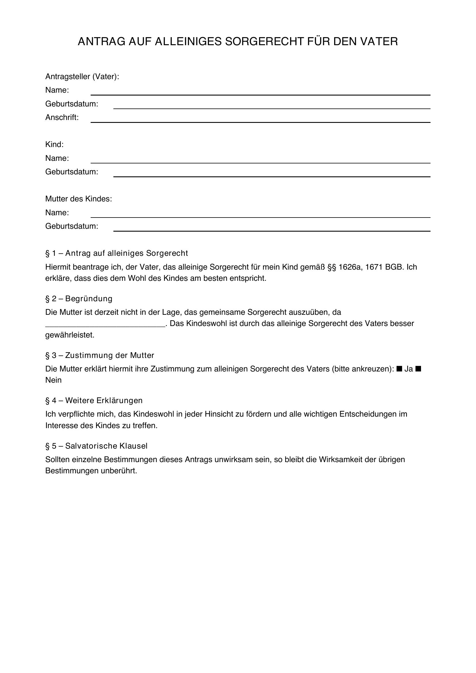 Sorgerecht Beantragen Vater Vorlage