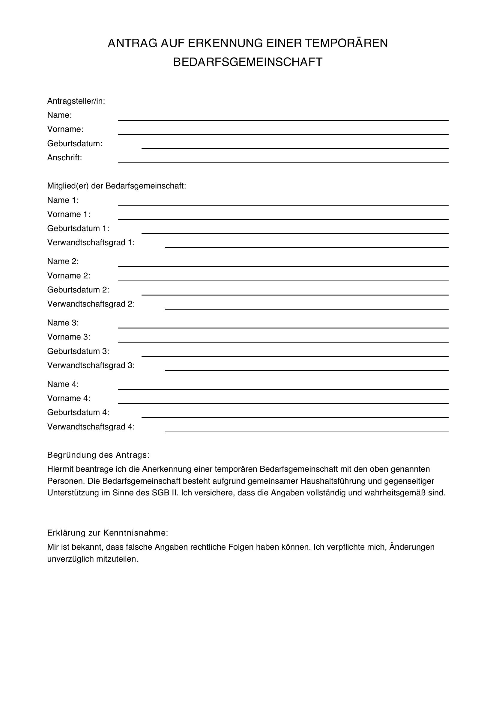Temporäre Bedarfsgemeinschaft Antrag