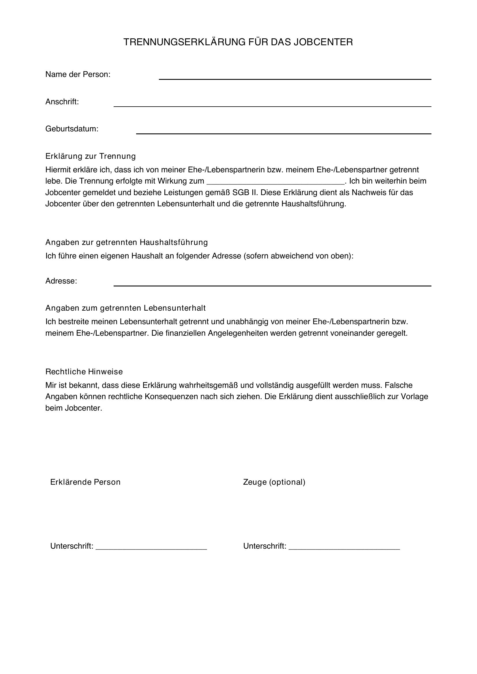 Trennungserklärung Für Jobcenter Vorlage
