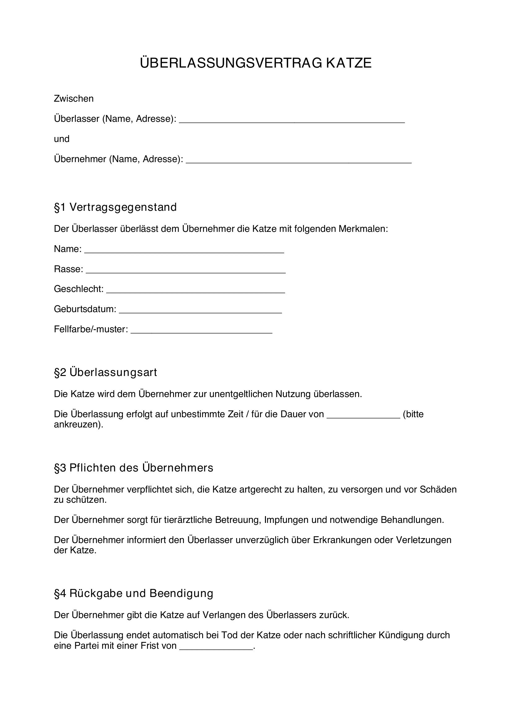 Überlassungsvertrag Katze Privat