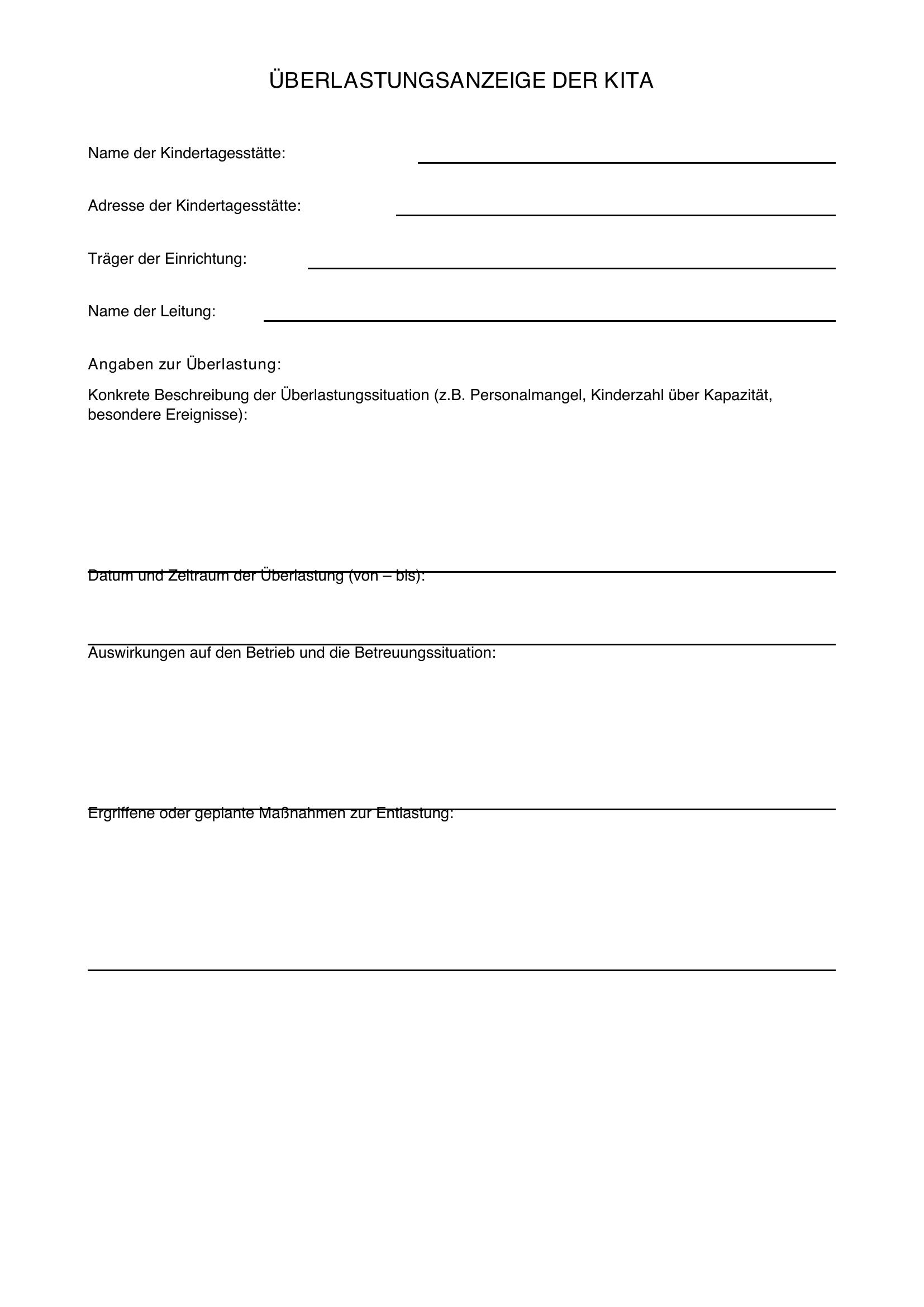Überlastungsanzeige Kita Vorlage