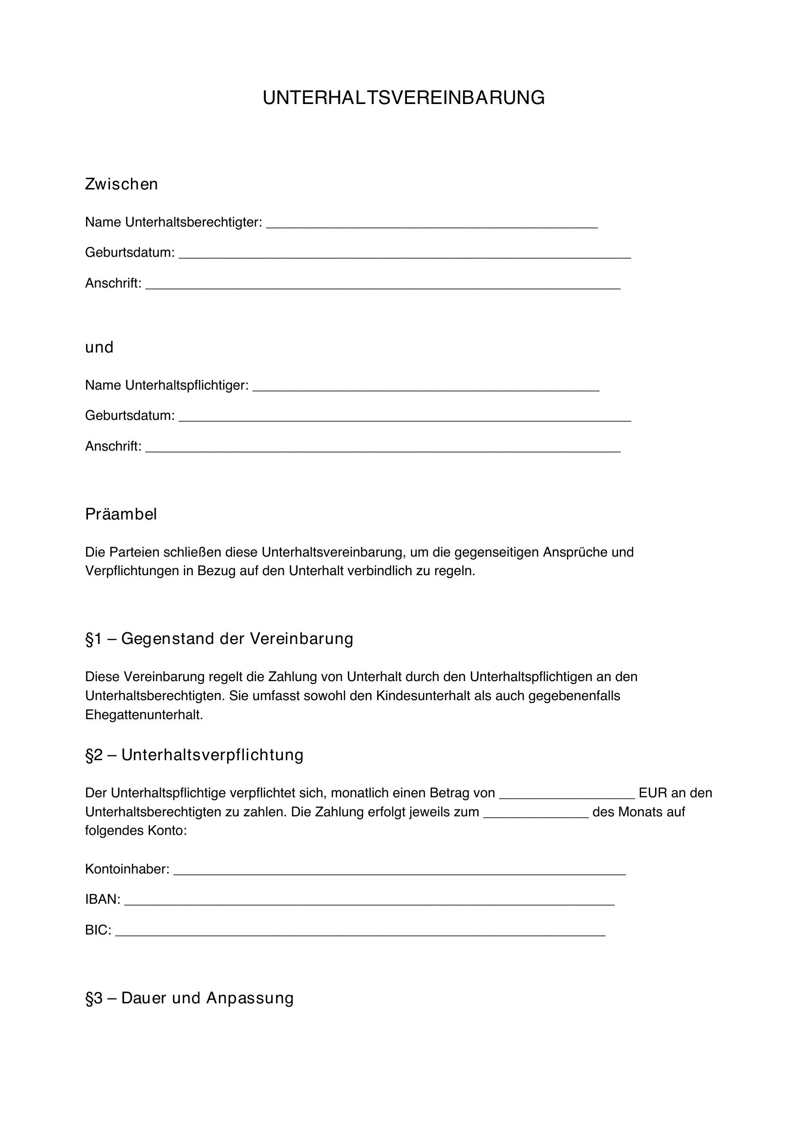 Unterhaltsvereinbarung Vorlage