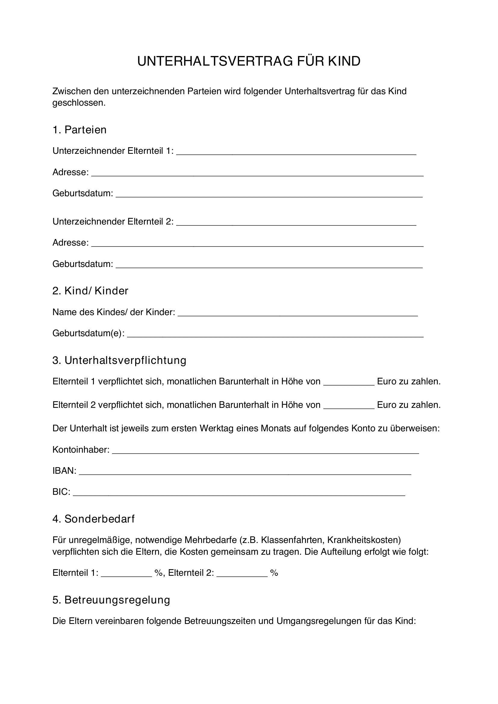 Unterhaltsvertrag Kind