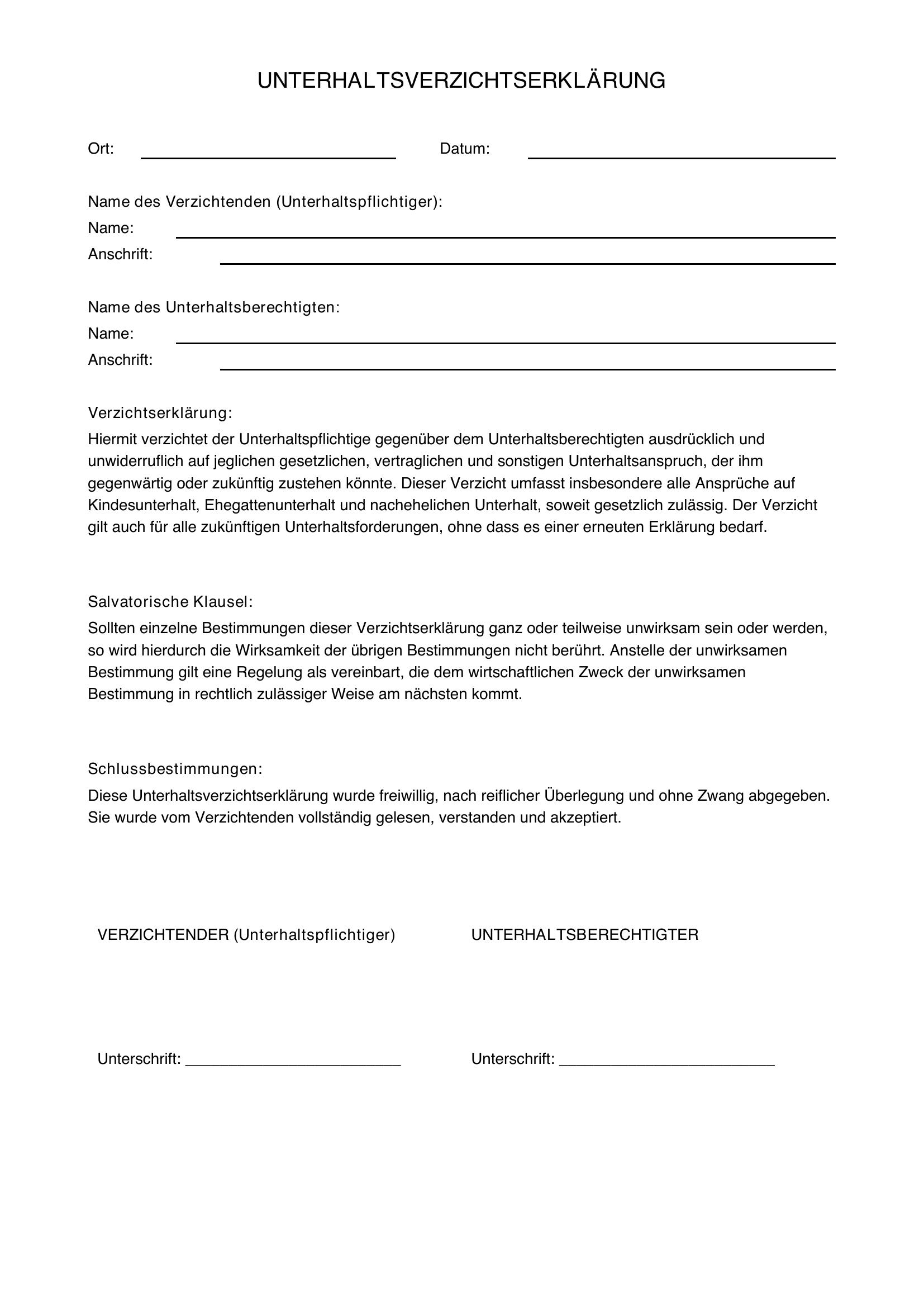 Unterhaltsverzichtserklärung