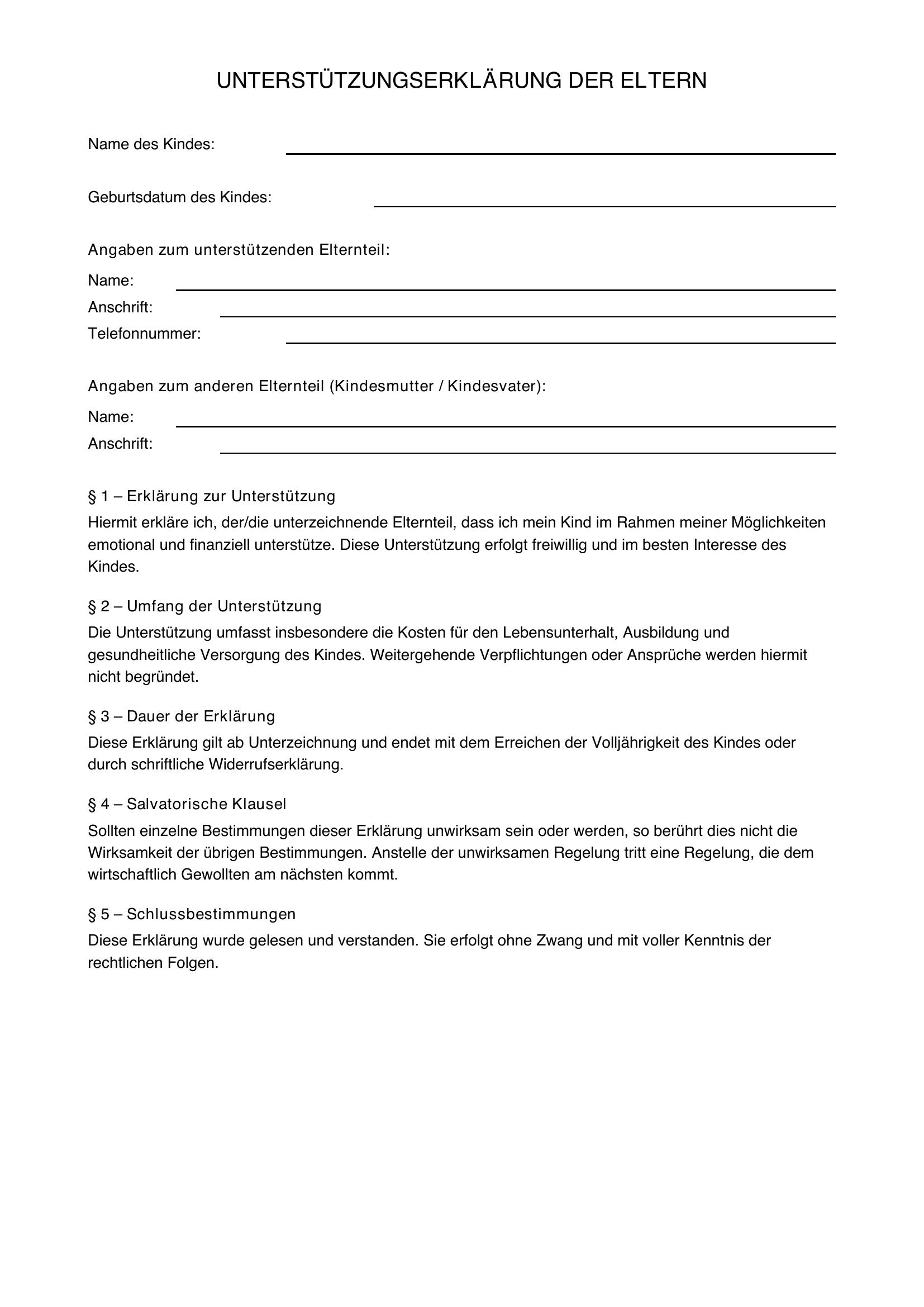 Unterstützungserklärung Eltern