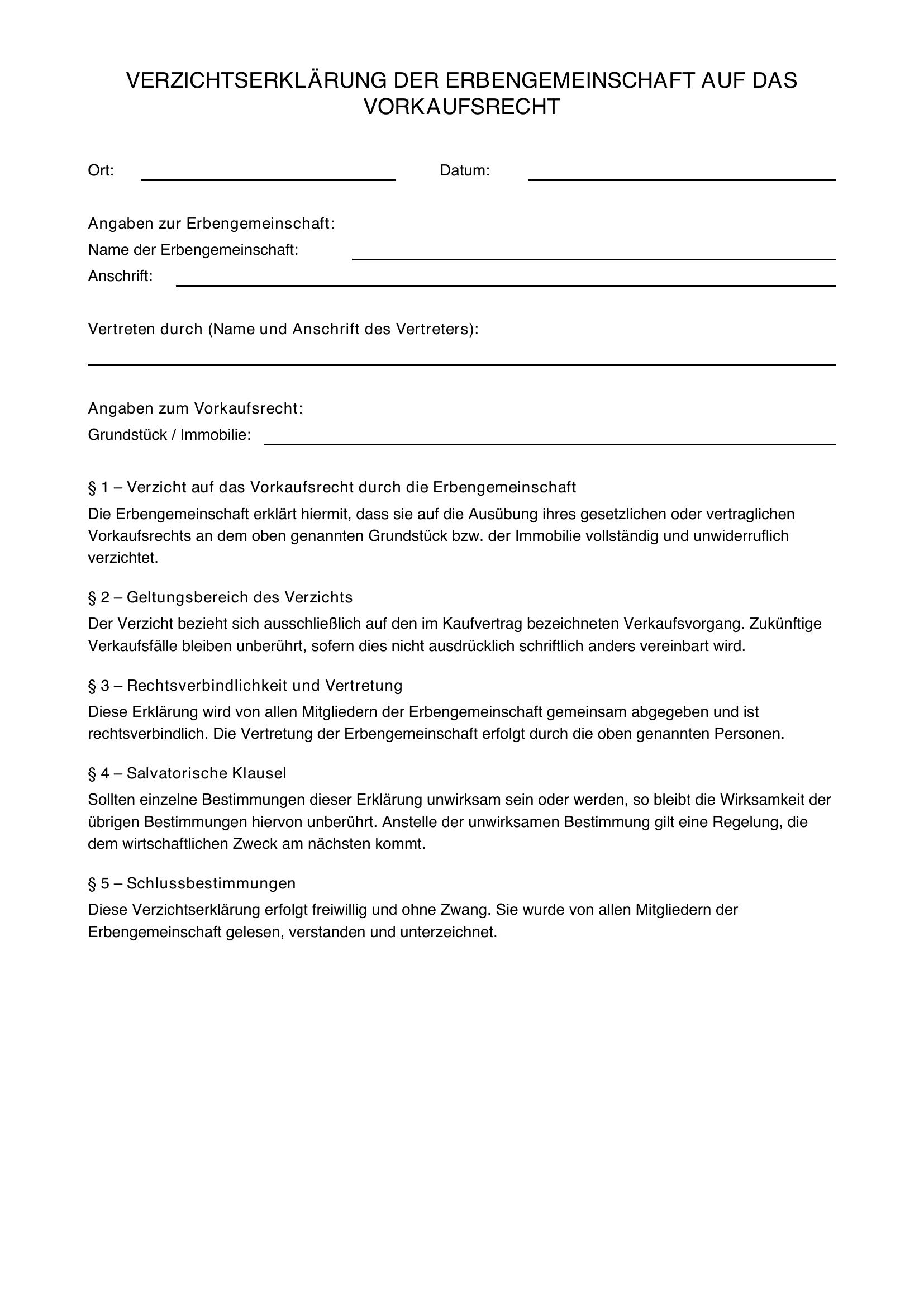 Verzichtserklärung Erbengemeinschaft Vordruck