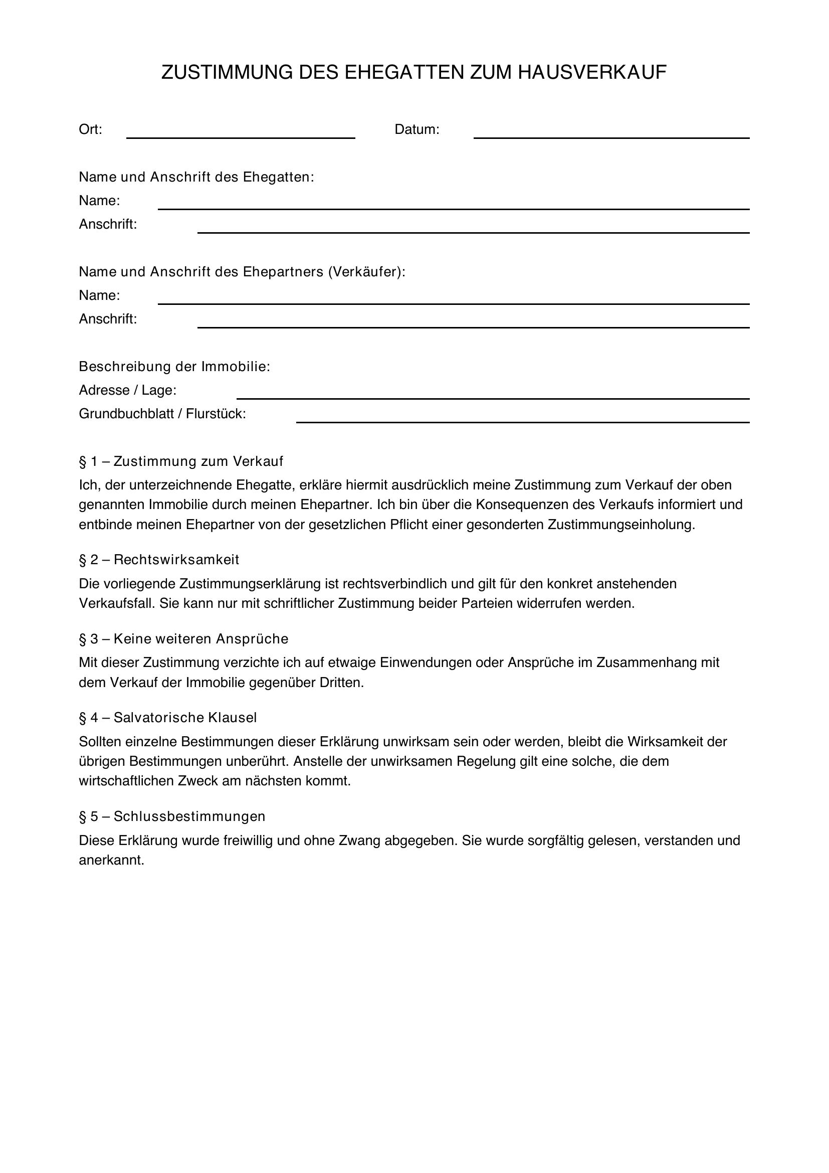 Zustimmung Ehegatte Hausverkauf Muster
