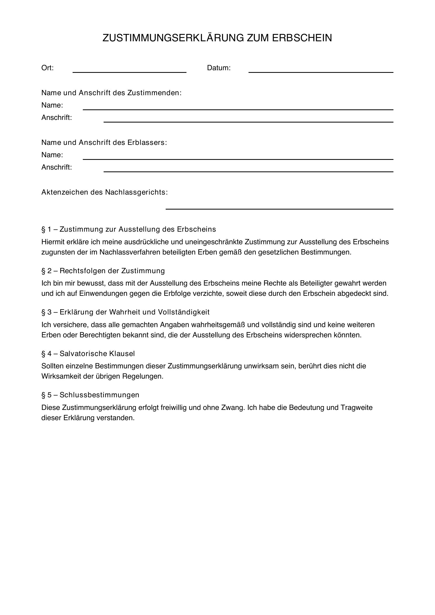 Zustimmungserklärung Erbschein Muster